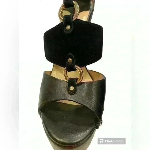 Jimmy Choo Ursula Wood leather suede platform sandal heels studded details - Picture 6 of 13